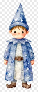 A little wizard in a blue starry robe and pointed hat.