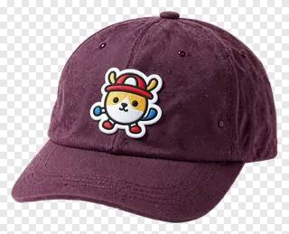 A maroon cap with a cartoon character patch.