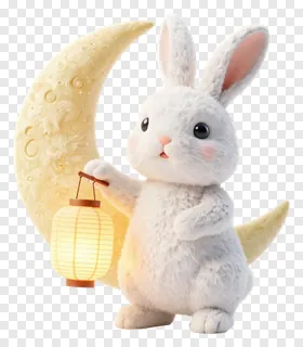 A white rabbit holding a lantern next to a crescent moon.