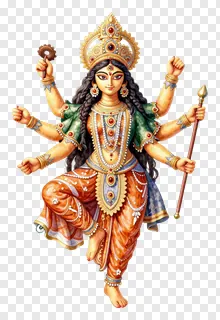Goddess Durga with many arms holding weapons.