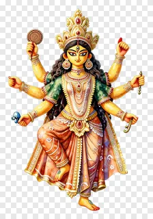 Statue of the multi-armed goddess Durga with weapons and ornaments.