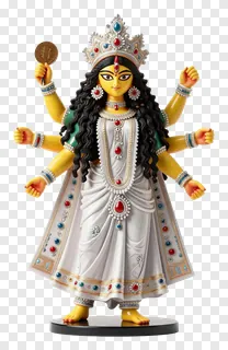 Statue of the multi-armed goddess Durga with jewelry and crown.