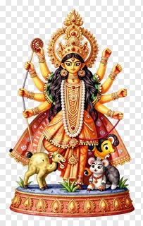 An orange-colored statue of Goddess Durga with multiple arms and animal figures around her base.