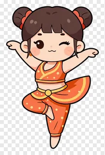 Cartoon girl dancing Garba in orange outfit, winking