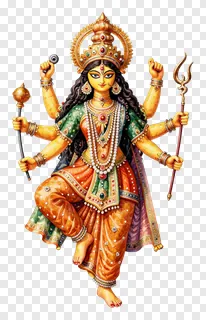 Golden Durga goddess with eight arms holding a trishul.
