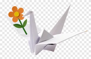 White paper crane holding an orange flower.