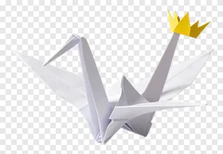 White paper crane wearing a gold crown.