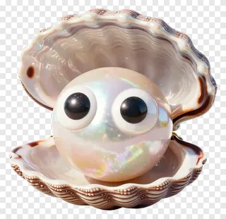 A pearl with big eyes inside a seashell.