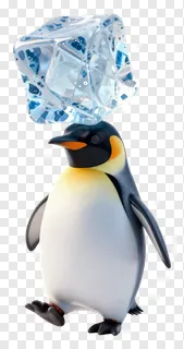 A penguin balancing a large ice cube on its head.
