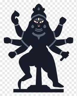 Dark-colored statue of Goddess Durga with multiple arms holding weapons.