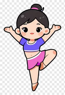 Cartoon girl dancing in purple and pink outfit.