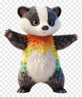 A cartoon badger with a rainbow chest dancing with arms spread.