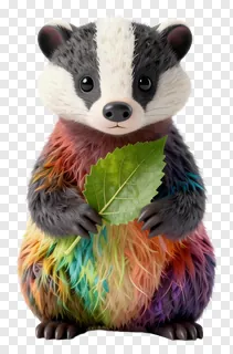 A rainbow-colored badger holding a green leaf.