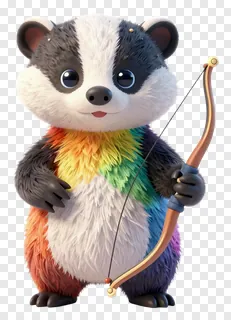 Cute badger holding a bow, wearing rainbow-colored fur.