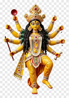 Golden Durga goddess statue with eight arms and trishul.