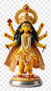 Golden eight-armed Durga statue with raised hands.