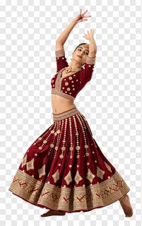 A woman in a red lehenga dancing Garba with arms raised.