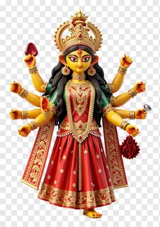 Eight-armed goddess Durga in red attire.
