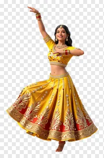 A 3D dancer in a golden lehenga performing a dynamic garba pose.