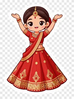 Cartoon girl dancing in red lehenga outfit.