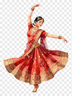 A woman in a red lehenga dancing Garba in watercolor style.