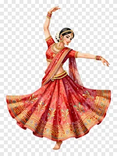 A watercolor-style dancer in a red lehenga performing a Garba dance.