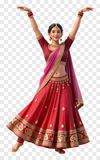Woman dancing garba wearing red lehenga with hands up