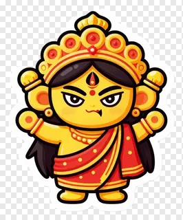Chibi-style Durga with golden crown and red sash.