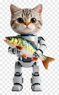 A robot cat holding a shiny, multicolored fish.