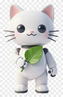 White robotic feline holding a single green leaf.