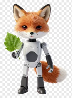 A robot fox holding a green leaf.