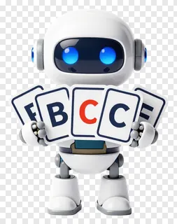 A robot holding alphabet cards with the letters E, B, C, C, and E.