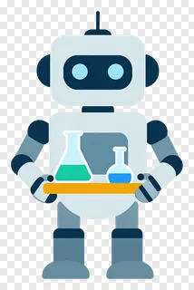 Cartoon robot holding a science experiment set.
