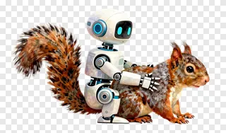 Small white robot hugging a brown squirrel.