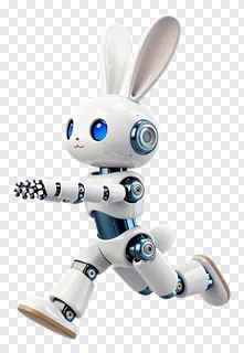 White robot rabbit hopping forward.