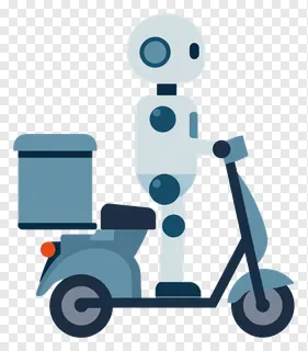 Robot teacher on a delivery scooter carrying a package.