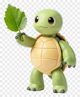 Green robotic turtle holding a single leaf.