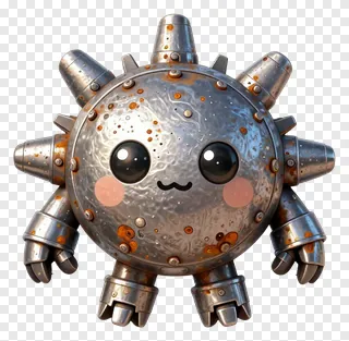 A cute metallic robot with rust spots and spiky limbs.