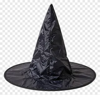 A shiny black witch hat with a pointed top and wide brim.
