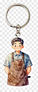 Keychain featuring a smiling shop owner in an apron.
