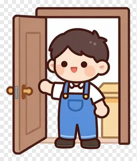 A cartoon boy in overalls opening a door.