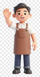 A 3D shopkeeper waving hello with a smile.