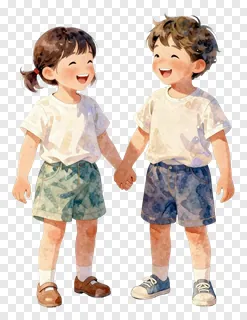 A smiling brother and sister hold hands together.