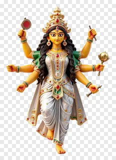 Golden statue of Durga with eight arms holding weapons.