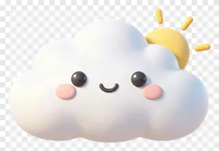 A smiling white cloud with a sun behind it.