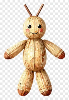 A smiling corn husk doll with stick antennae.