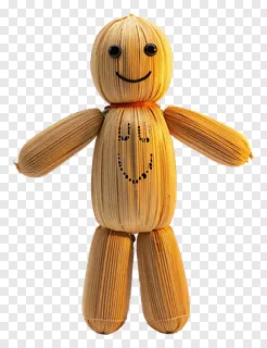 A smiling corn husk doll with striped body and bead eyes.
