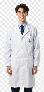 Young student in white lab coat smiling