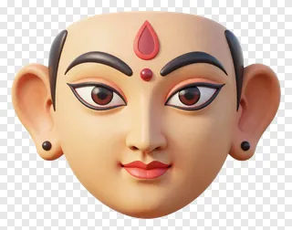 A smooth-skinned Durga Maa face with red bindi and earrings.