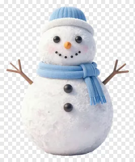 A snowman wearing a blue knit hat and scarf.
